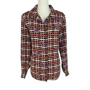 Women’s Plaid Geometric Button Front Blouse Long Sleeve Size Large